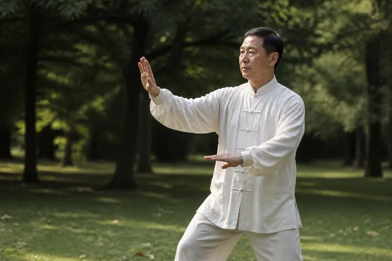 Pratiquant de Tai Chi dans un mouvement lent et fluide, bras en arc de cercle doux.