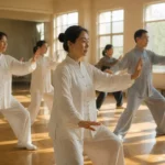 Pratique de tai chi chuan en groupe dans un centre communautaire lumineux en Chine.