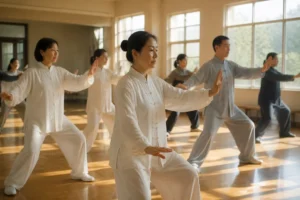 Pratique de tai chi chuan en groupe dans un centre communautaire lumineux en Chine.