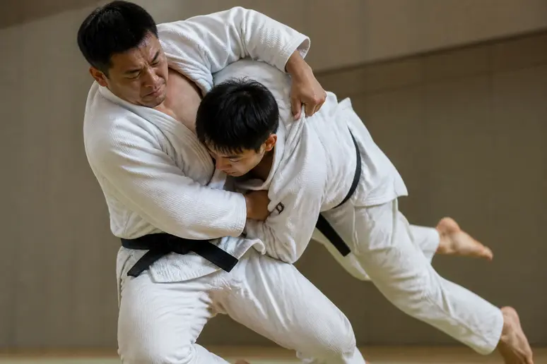 Démonstration de Koshi Uchi Mata : un judoka utilise sa hanche pour soulever son adversaire.