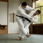 Pratique de l'uchi mata au judo : la technique de hanche ou de jambe selon la taille.
