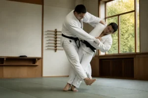 Pratique de l'uchi mata au judo : la technique de hanche ou de jambe selon la taille.