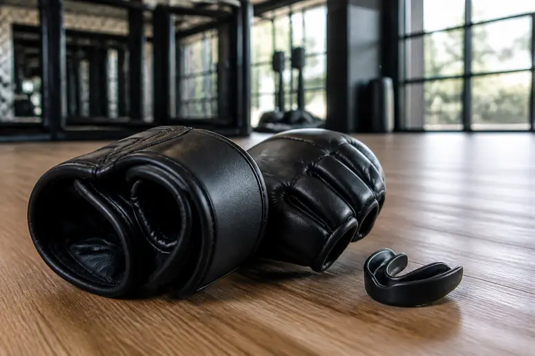 Gants de combat libre et protège-dent posés sur le sol d'une salle de sport.