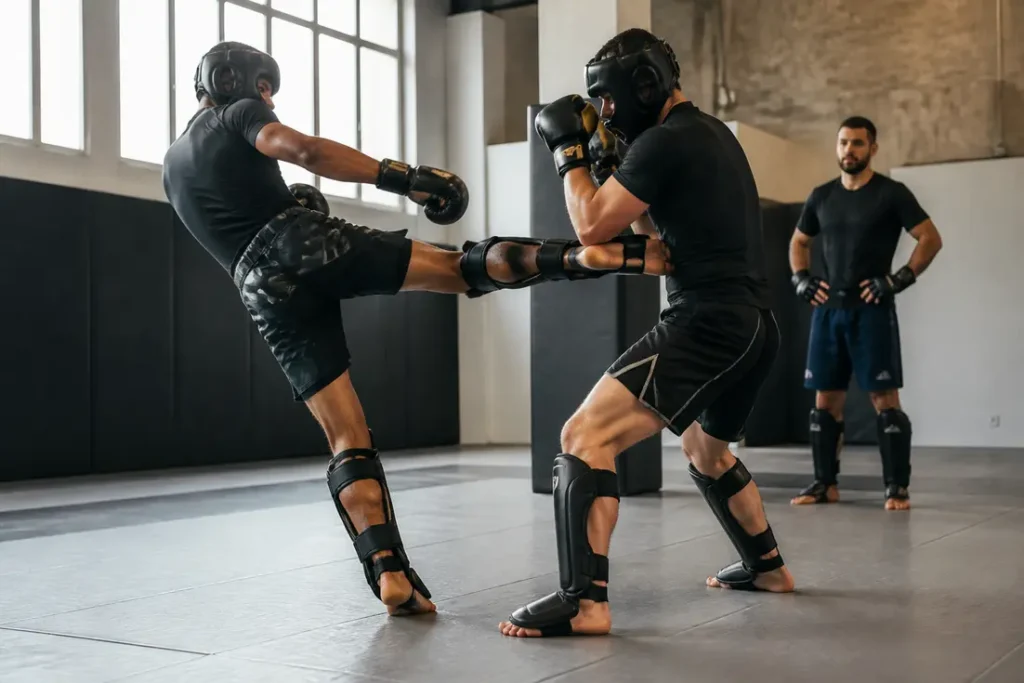 Deux athlètes en tenue de protection pratiquant le vale tudo dans une salle de sport française.