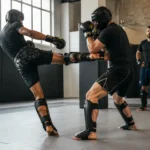 Deux athlètes en tenue de protection pratiquant le vale tudo dans une salle de sport française.