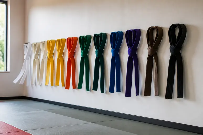 Une collection de ceintures de grades colorées, représentant la progression dans un art martial, est exposée.