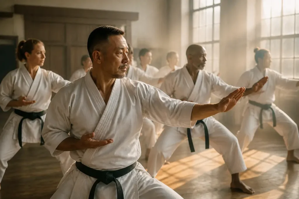 Entraînement dynamique de viet vo dao dans un dojo lumineux, axé sur la discipline et la progression technique.
