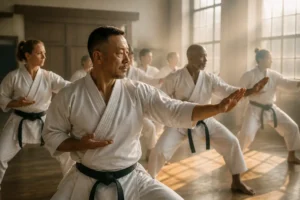 Entraînement dynamique de viet vo dao dans un dojo lumineux, axé sur la discipline et la progression technique.