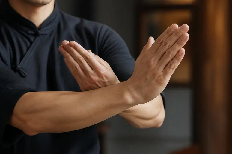 Poignets et avant-bras d'une personne alignés lors d'une technique de blocage en Wing Chun.