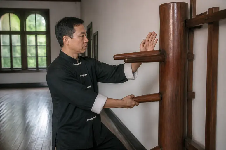 Personne pratiquant des formes de Wing Chun sur un mannequin de bois mural.