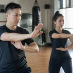 Pratique du wing chun : un mouvement d'attaque et de défense en salle.