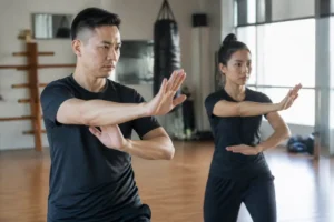 Pratique du wing chun : un mouvement d'attaque et de défense en salle.