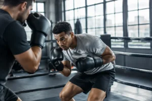 Entraînement de boxe moderne en salle montrant la complexité du dempsey roll lors d'un exercice.