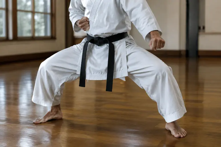 Pratiquant en position de kiba-dachi avec des appuis stables sur le sol du dojo