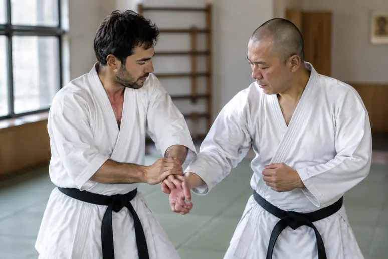 Deux pratiquants réalisant un exercice de bunkai et de dégagement sur saisie en binôme