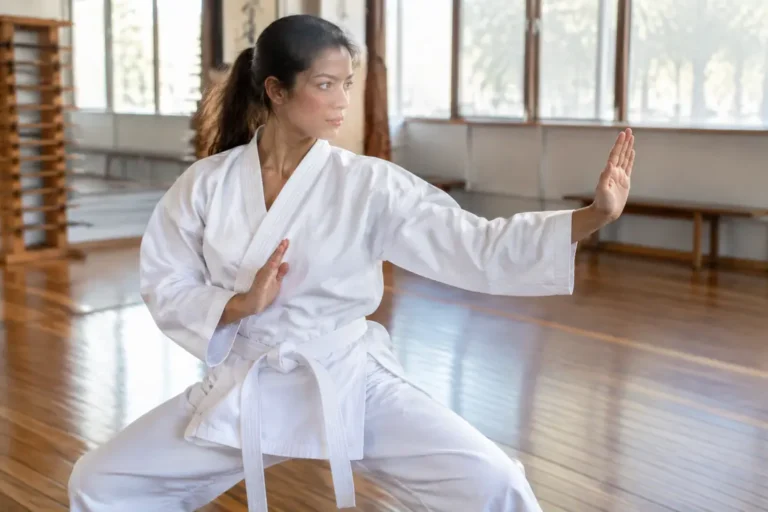 Pratiquant de karaté en kimono blanc réalisant un mouvement technique du kata heian sandan dans un dojo lumineux