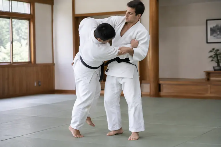 Pratiquant debout trop haut pendant une tentative ratée de kata guruma dans un dojo