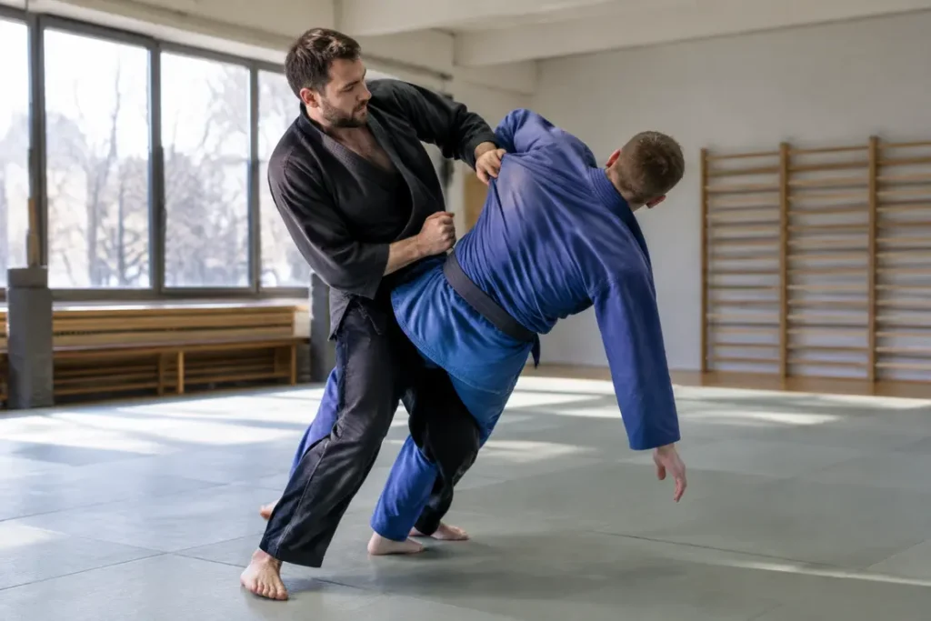 Démonstration pratique de kata guruma dans un dojo moderne lors d'un entraînement de self-défense.