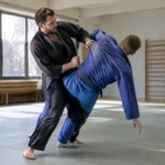 Démonstration pratique de kata guruma dans un dojo moderne lors d'un entraînement de self-défense.