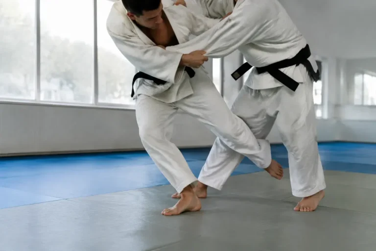 Deux pratiquants en kimono blanc réalisent un ko soto gari lors d'un entraînement de judo.