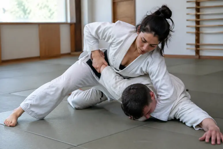 Deux pratiquants effectuant un contrôle au sol lors d'un entraînement de ne-waza sur tatami