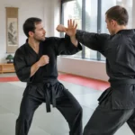 instructeur en tenue noire pratiquant un mouvement de self-défense dans une salle de sport, avec robert paturel