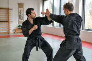 instructeur en tenue noire pratiquant un mouvement de self-défense dans une salle de sport, avec robert paturel