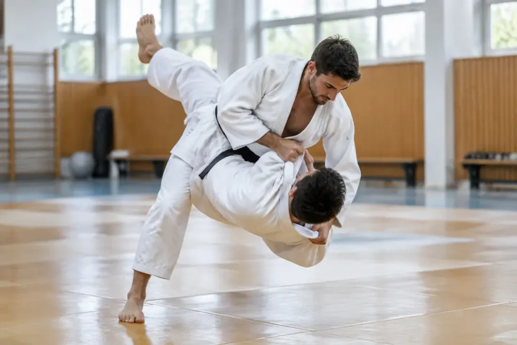 Un judoka en kimono blanc réalise une technique de projection sur les tatamis avec shohei ono