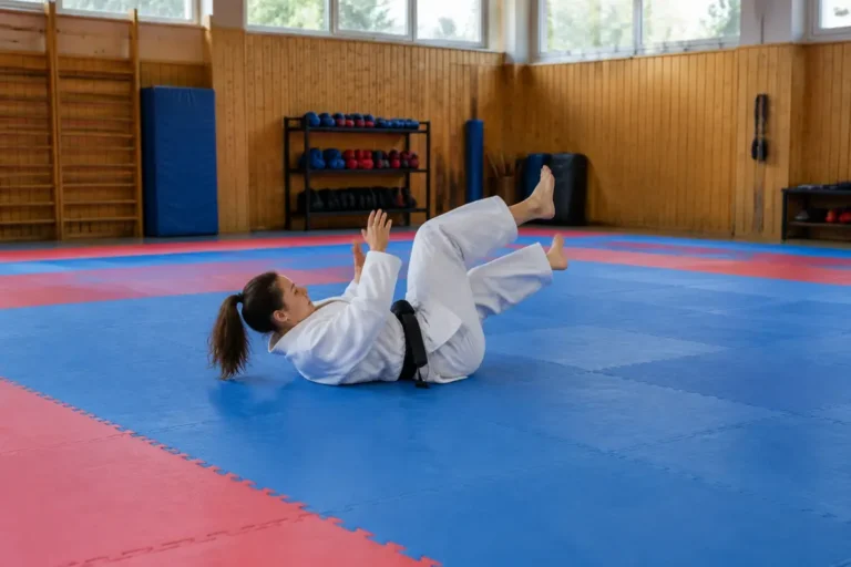Pratiquant effectuant une chute sur un tatami puzzle épais dans une salle de sport