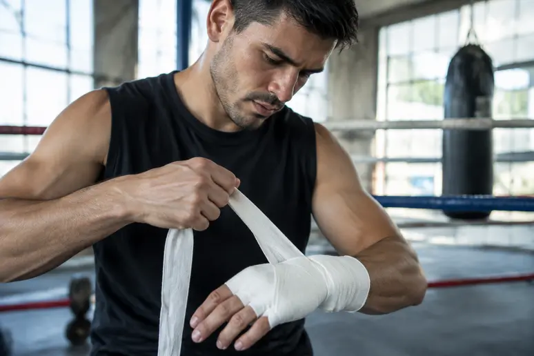 Un boxeur professionnel ajuste ses bandages sur ses mains dans une salle d'entraînement lumineuse