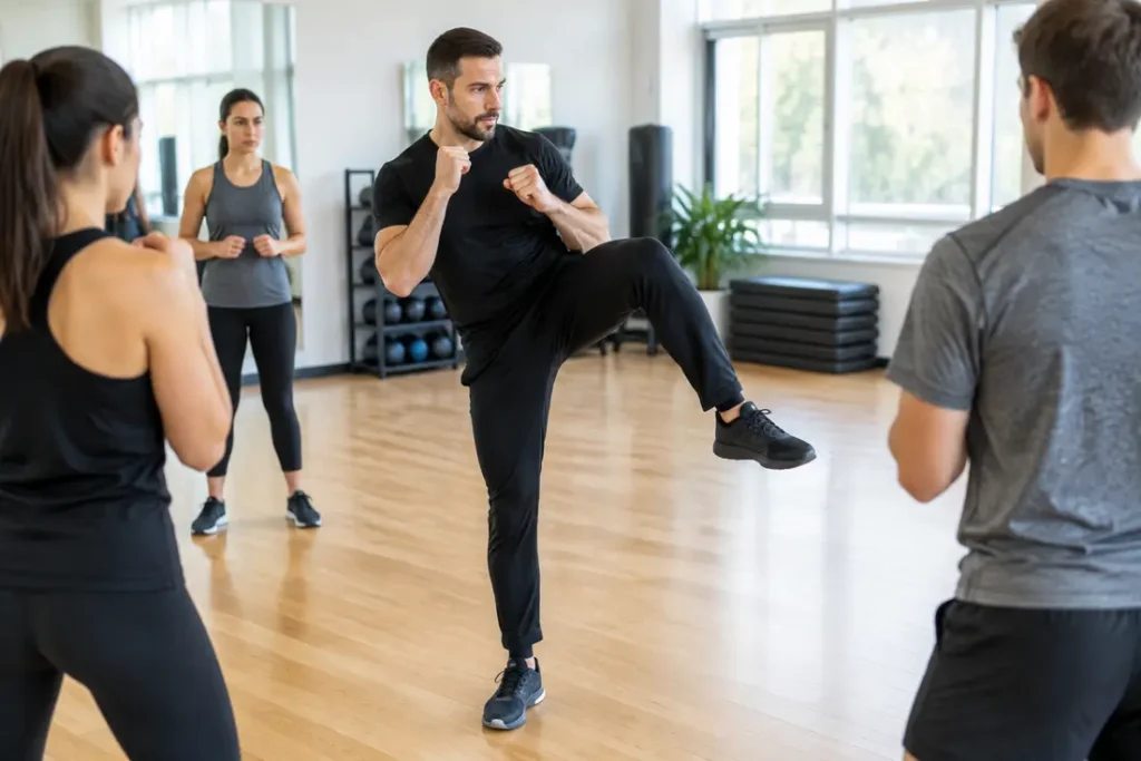 Pratiquant de self-défense exécutant la posture initiale d'un front kick dans une salle de sport lumineuse