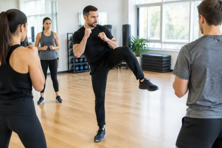 Pratiquant de self-défense exécutant la posture initiale d'un front kick dans une salle de sport lumineuse
