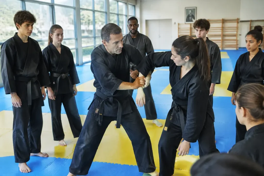 Pratique dynamique de self-défense et de kajukenbo dans un dojo sportif lumineux en France