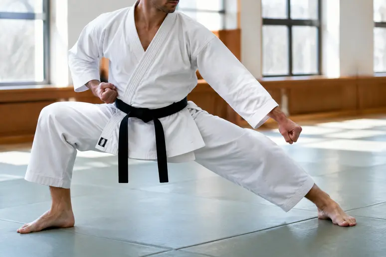 Pratique du karaté Shōtōkan en dojo avec une position basse et stable.