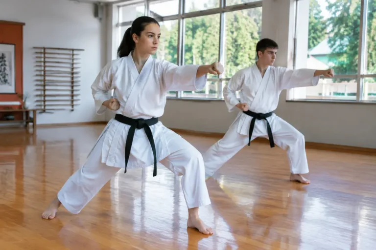 Pratique rigoureuse du karate shotokan en dojo lumineux par des élèves concentrés.