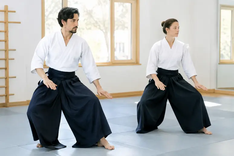 Pratiquants de systema art martial en position de défense souple dans une salle d'entraînement