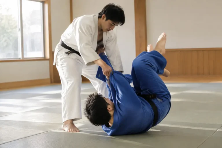 Pratique d'un tomoe nage sur les tatamis lors d'un entraînement de judo en club